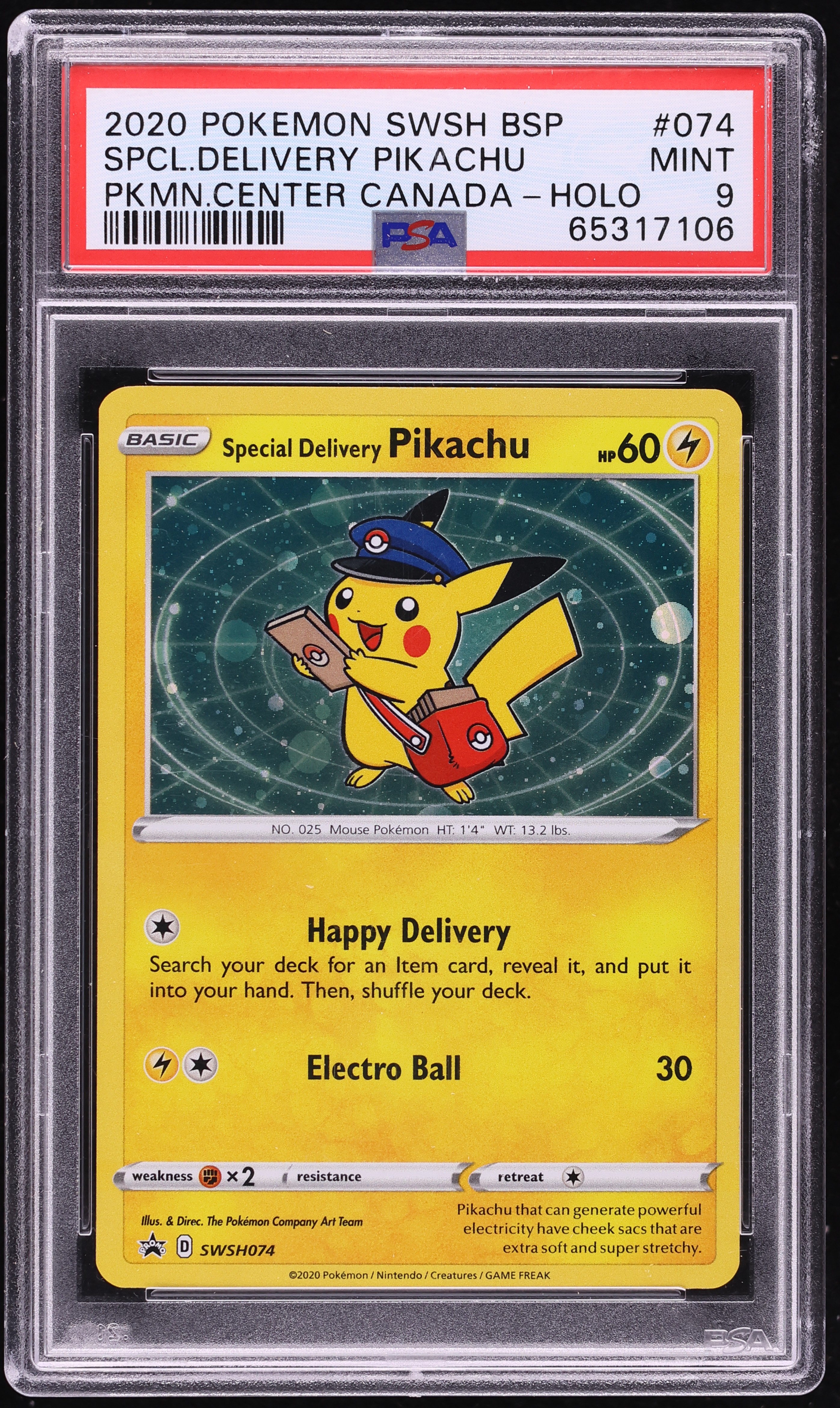 2020 Pokemon SWSH Promo Center Canada Holo Special Delivery Pikachu #SWSH074 PSA 9 MINT