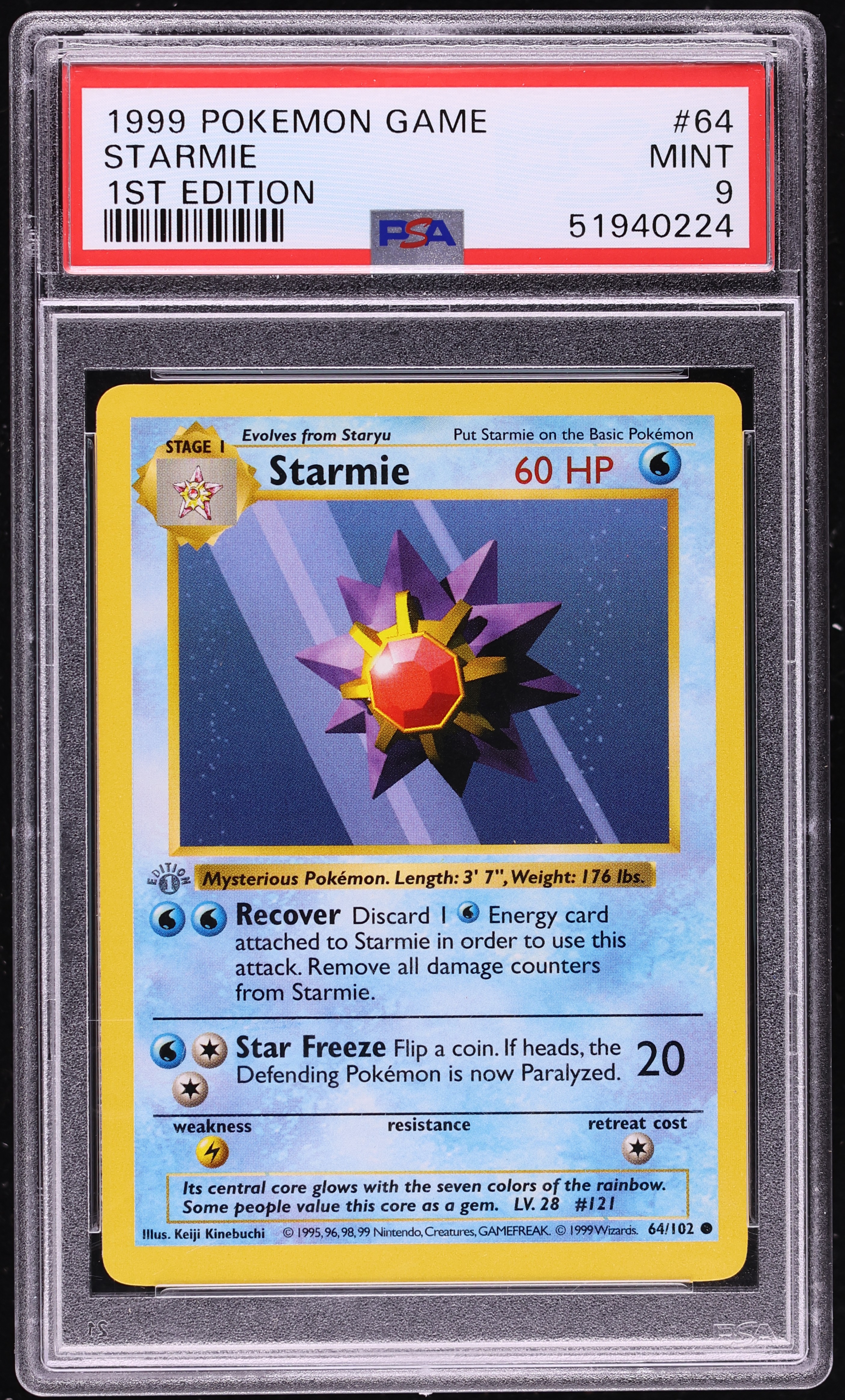 1999 Pokemon Base Set Shadowless 1st Edition Starmie #64 PSA 9 MINT