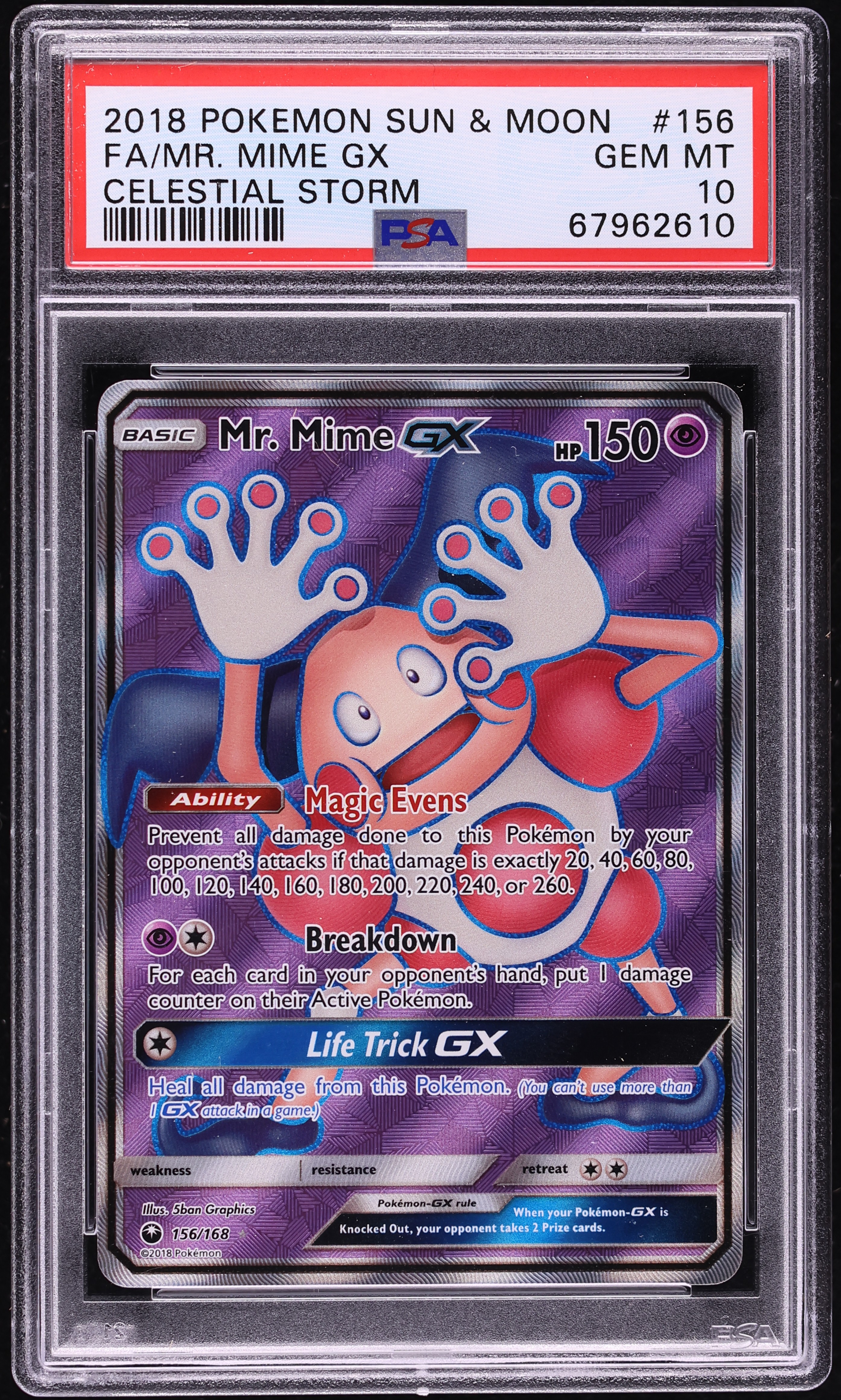 2018 Pokemon Sun & Moon Celestial Storm Full Art Mr. Mime GX #156 PSA 10 GEM MINT