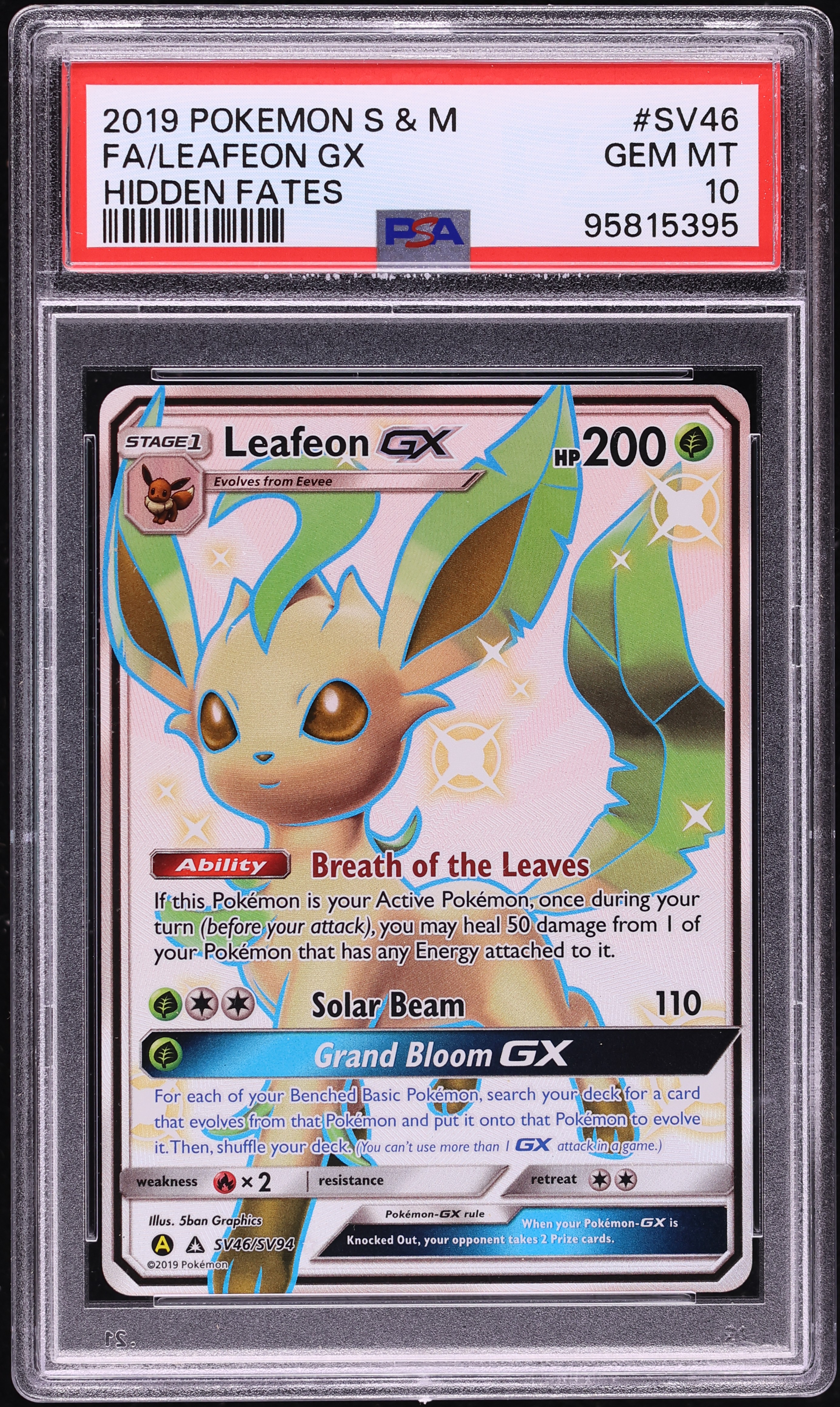 2019 Pokemon Sun & Moon Hidden Fates Full Art Shiny Leafeon GX #SV46 PSA 10 GEM MINT