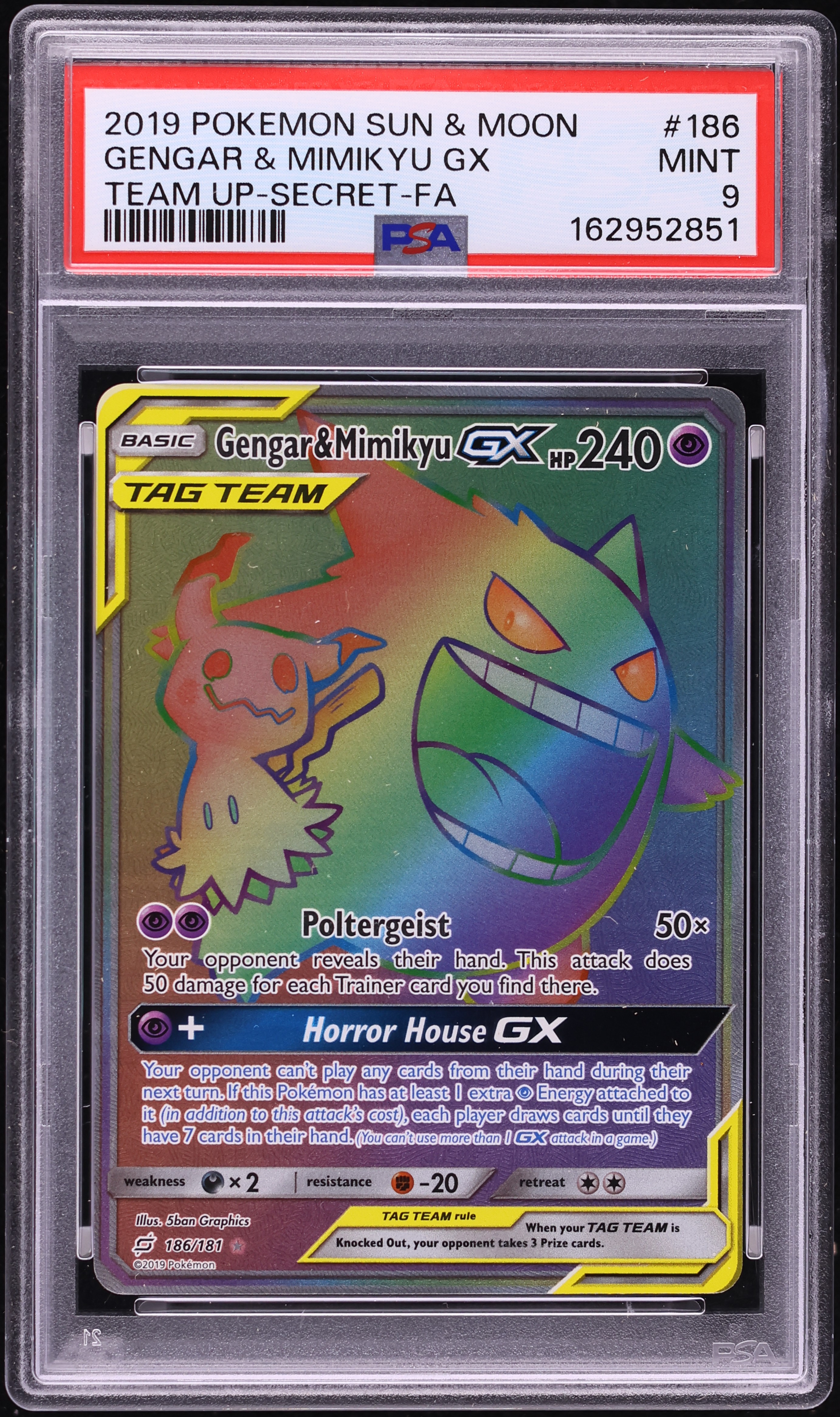 2019 Pokemon Sun & Moon Team Up Rainbow Rare Gengar & Mimikyu GX #186 PSA 9 MINT