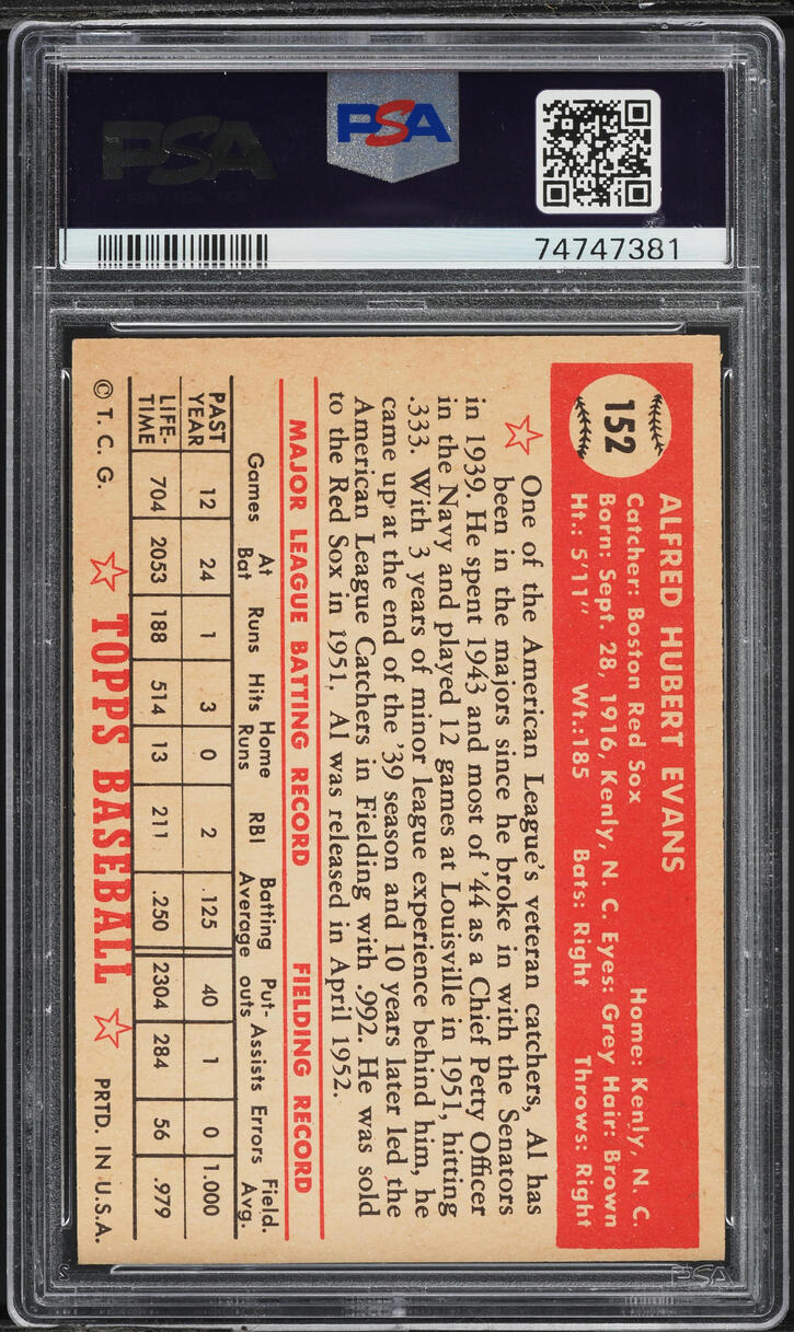 1952 Topps Al Evans #152 PSA 6 EXMT
