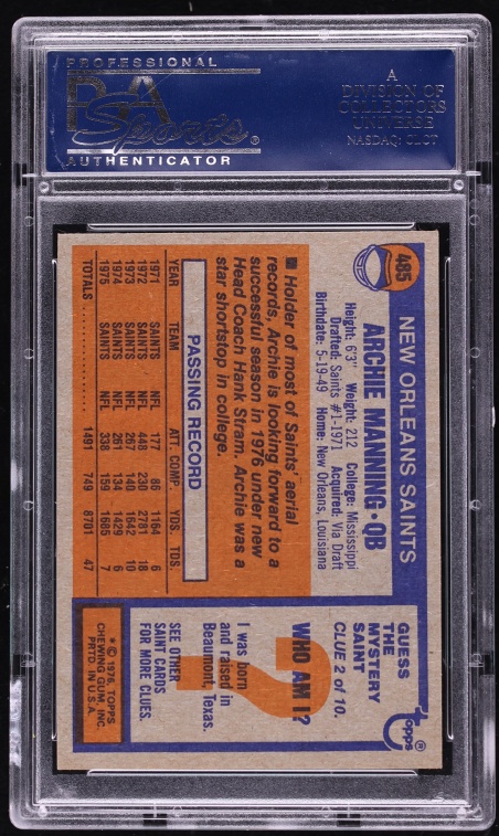 1976 Topps Football Archie Manning #485 PSA 10 GEM MINT