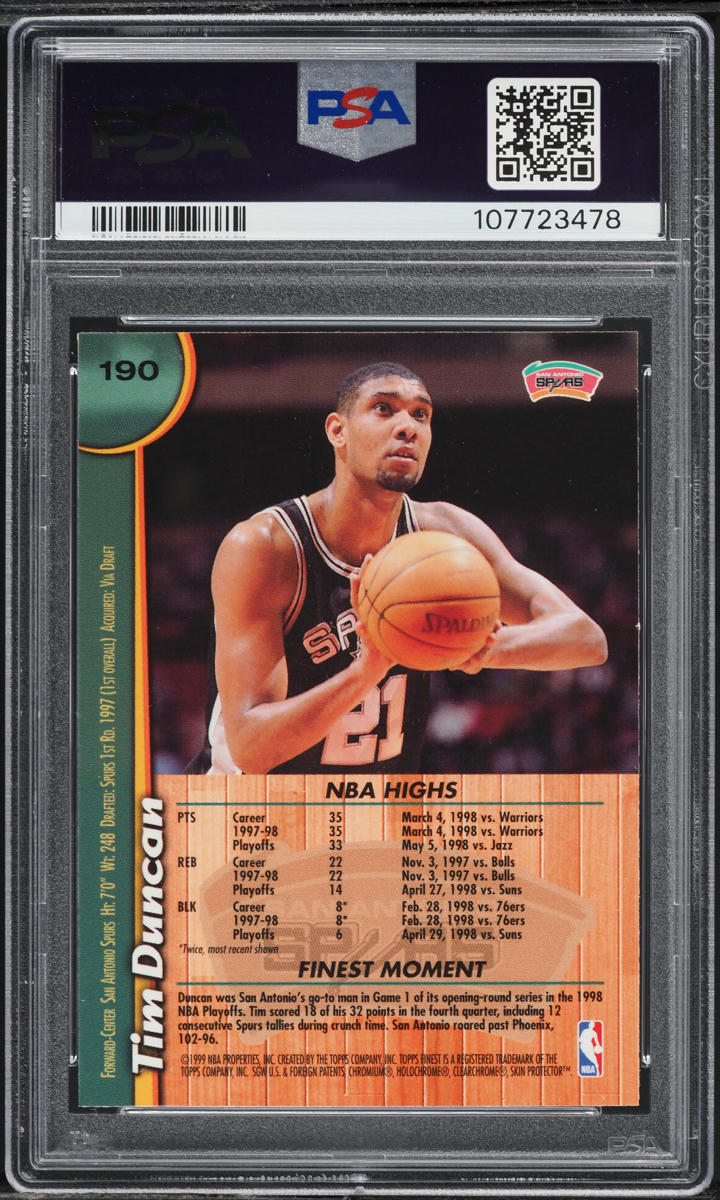 1998 Finest Basketball w/ Coating Tim Duncan #190 PSA 9 MINT