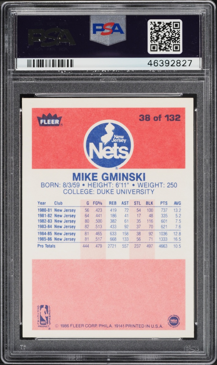 1986 Fleer Basketball Mike Gminski #38 PSA 9 MINT