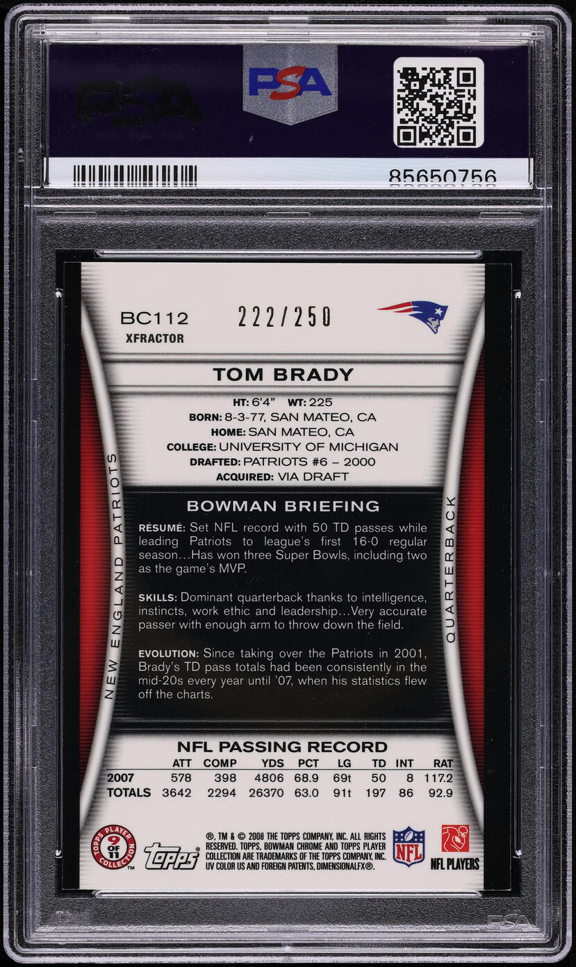 2008 Bowman Chrome Xfractor Tom Brady /250 #BC112 PSA 9 MINT
