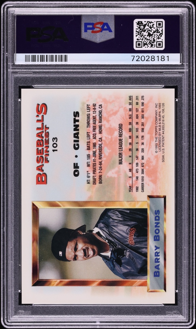 1993 Finest Refractor Barry Bonds ALL-STAR #103 PSA 8 NM-MT - Photo 2