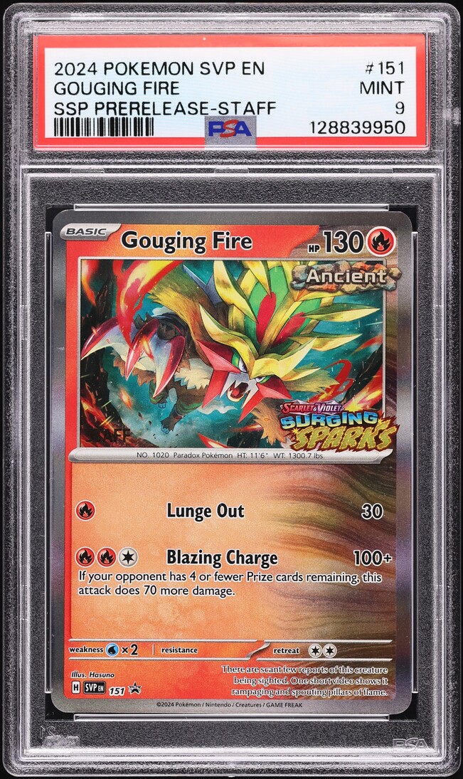 2024 Pokemon SV Black Star Promo Surging Sparks Prerelease Staff Gouging Fire #151 PSA 9 MINT