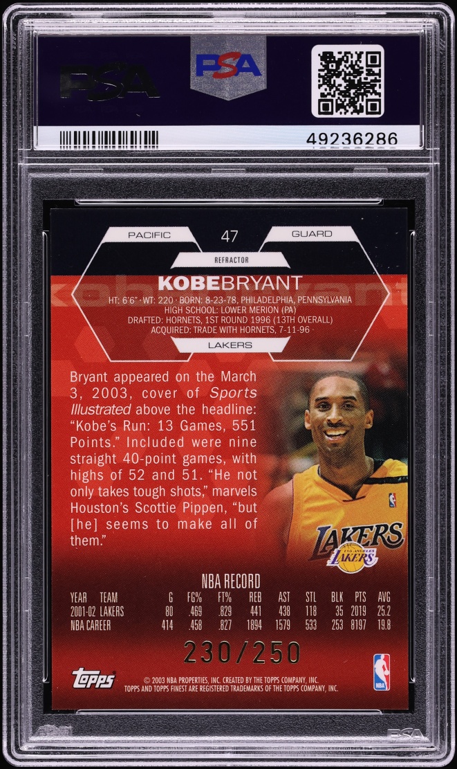 2002 Finest Refractor Kobe Bryant /250 #47 PSA 10 GEM MINT
