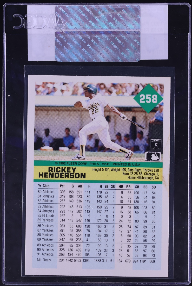 1992 Fleer Rickey Henderson #258 CGC AUTH