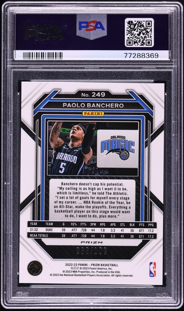 2022 Panini Prizm Red Fast Break Paolo Banchero ROOKIE /100 #249 PSA 10 GEM MINT