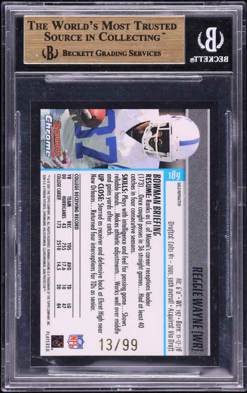 2001 Bowman Chrome Gold Refractor Reggie Wayne ROOKIE /99 #189 BGS 9.5 GEM MINT