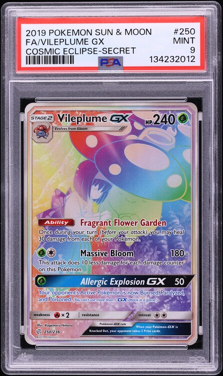 2019 Pokemon Sun & Moon Cosmic Eclipse Rainbow Rare Vileplume GX #250 PSA 9 MINT