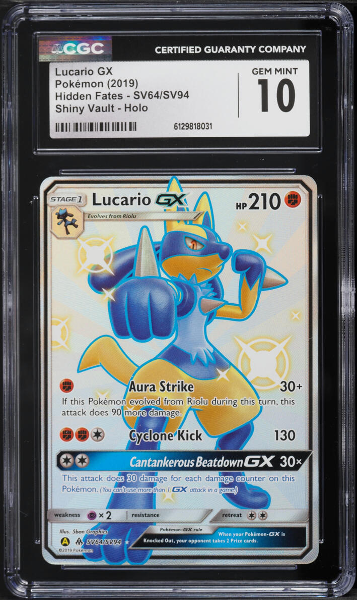 2019 Pokemon Sun & Moon Hidden Fates Shiny Vault Full Art Lucario GX #SV64 CGC 10 GEM MINT