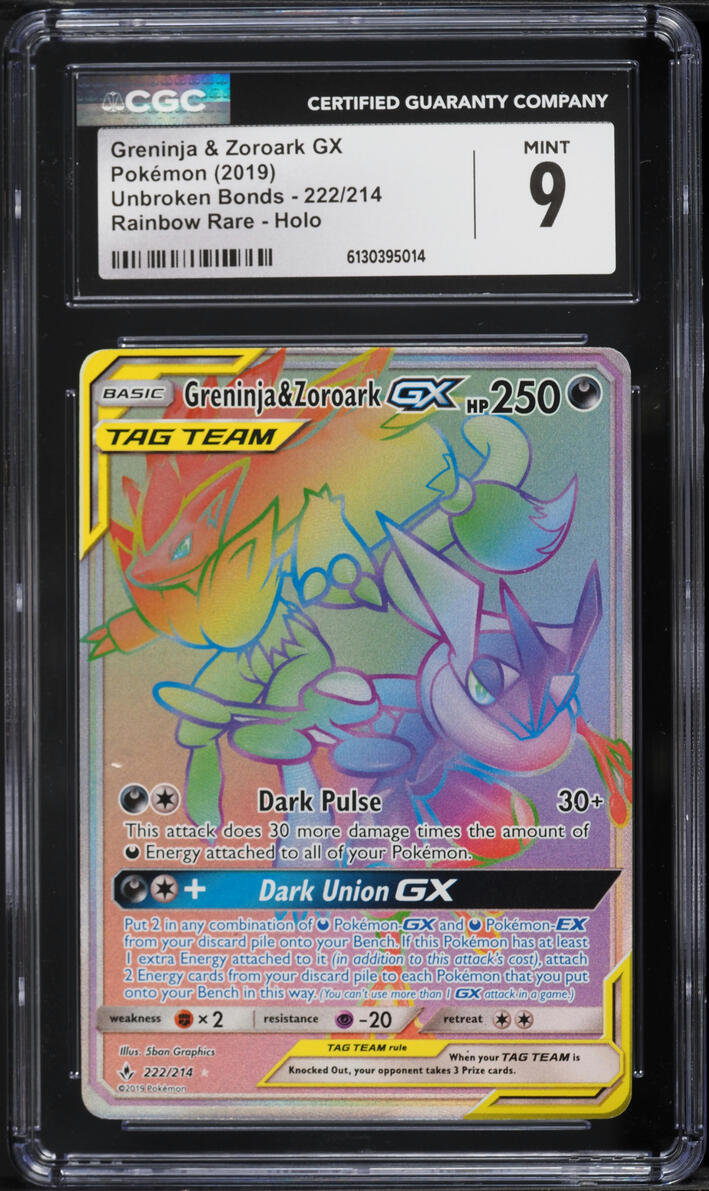 2019 Pokemon Sun & Moon Unbroken Bonds Rainbow Rare Greninja & Zoroark GX #222 CGC 9 MINT