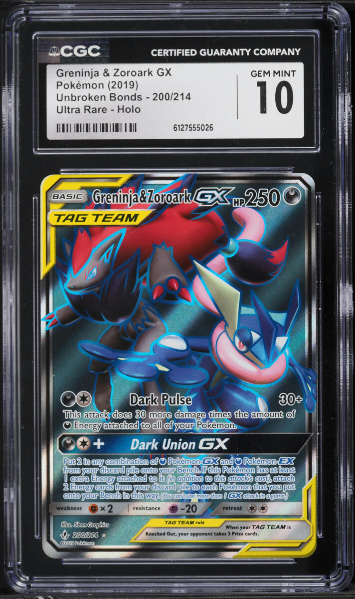 2019 Pokemon Sun & Moon Unbroken Bonds Full Art Greninja & Zoroark GX #200 CGC 10 GEM MINT