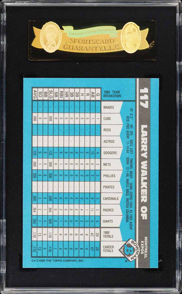 1990 Bowman Tiffany Larry Walker ROOKIE #117 SGC 10 GEM MINT