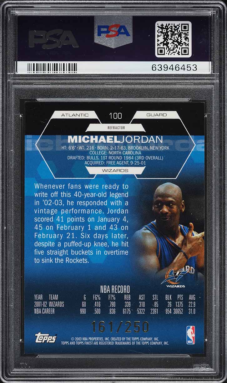 2002 Finest Refractor Michael Jordan /250 #100 PSA 10 GEM MINT