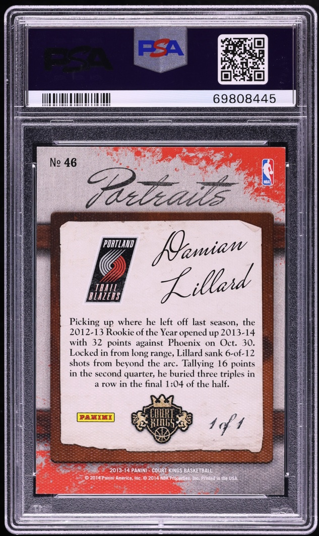 2013 Panini Court Kings Portraits White Frame Damian Lillard 1/1 #46 PSA 9 MINT - Photo 2