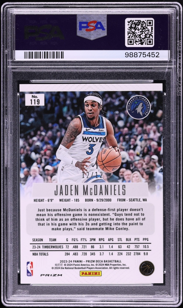 2023 Panini Prizm Deca Green Shimmer FOTL Jaden McDaniels 12/12 #119 PSA 9 MINT - Photo 2