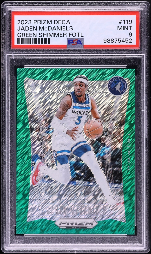 2023 Panini Prizm Deca Green Shimmer FOTL Jaden McDaniels 12/12 #119 PSA 9 MINT - Photo 1