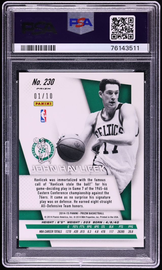2014 Panini Prizm Gold Pulsar John Havlicek 1/10 #230 PSA 9 MINT - Photo 2