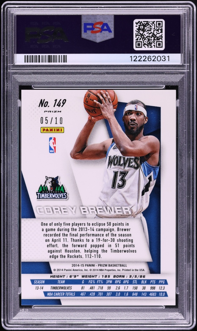 2014 Panini Prizm Gold Corey Brewer /10 #149 PSA 10 GEM MINT - Photo 2
