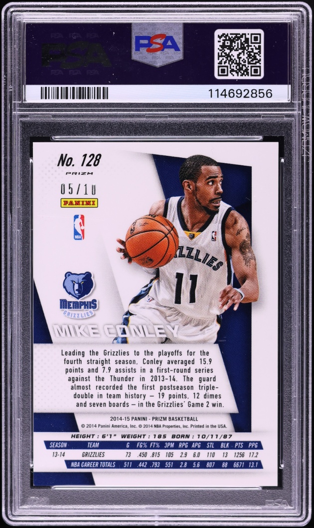 2014 Panini Prizm Gold Pulsar Mike Conley /10 #128 PSA 10 GEM MINT - Photo 2