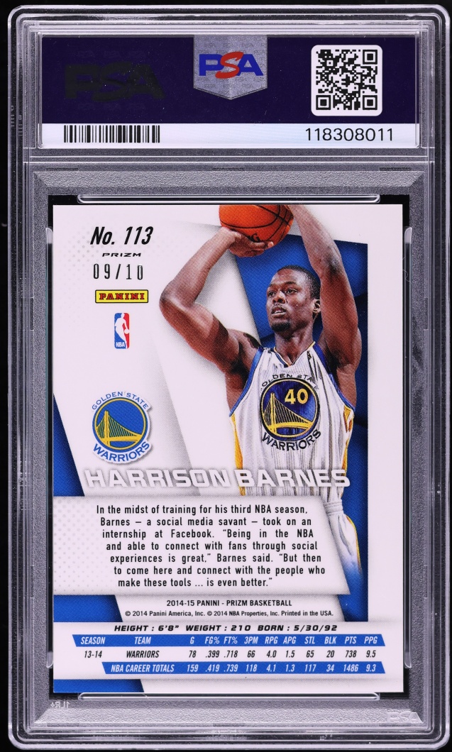 2014 Panini Prizm Gold Pulsar Harrison Barnes /10 #113 PSA 10 GEM MINT - Photo 2