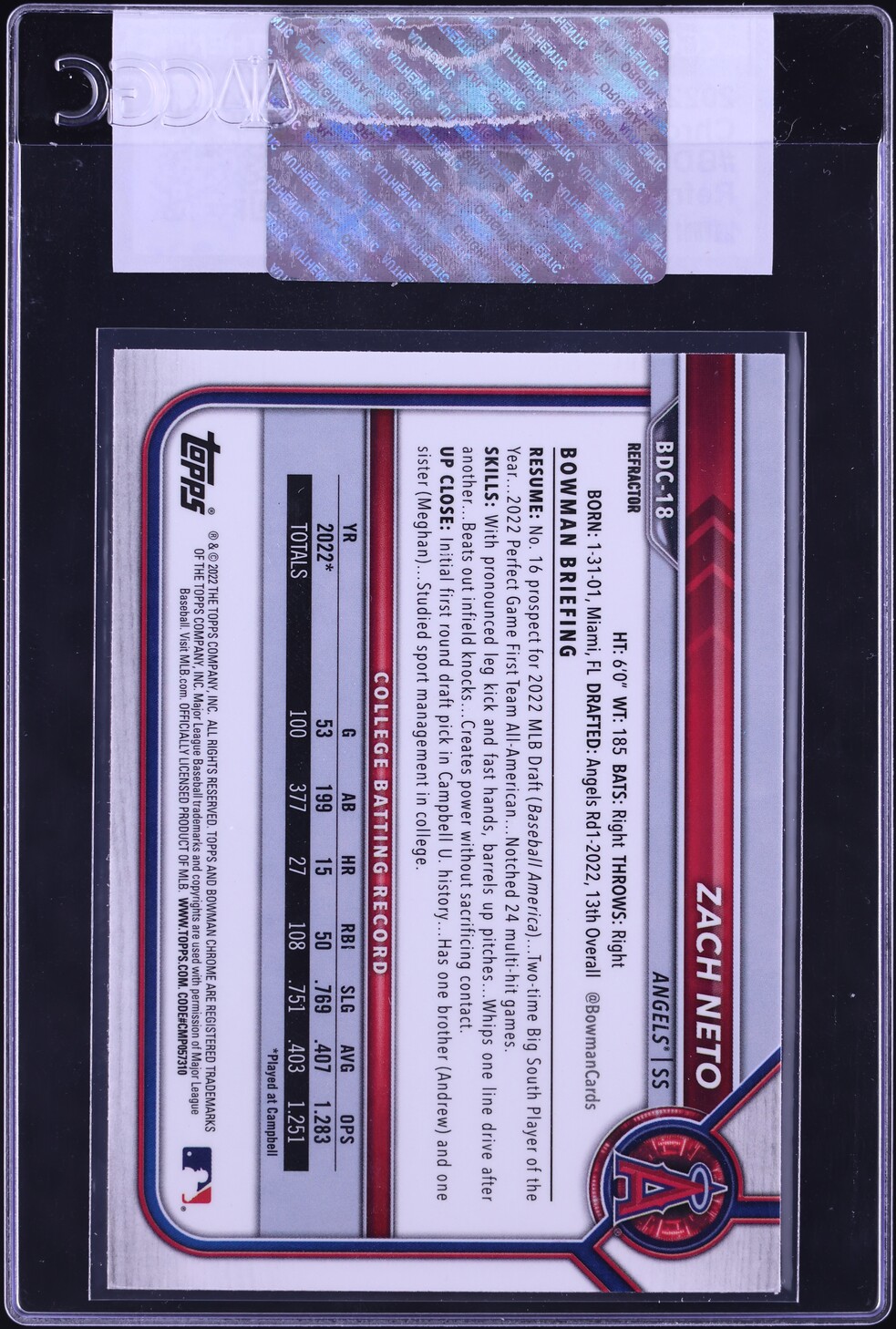 2022 Bowman Chrome Draft Refractor Zach Neto PROSPECT #BDC-18 CGC AUTH