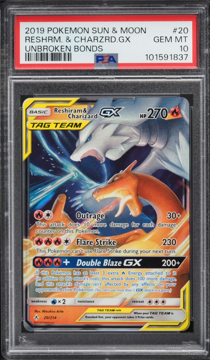 2019 Pokemon Sun & Moon Unbroken Bonds Holo Reshiram & Charizard GX #20 PSA 10 GEM MINT