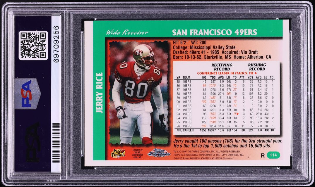 1997 Topps Chrome Refractor Jerry Rice #114 PSA 9 MINT - Photo 2