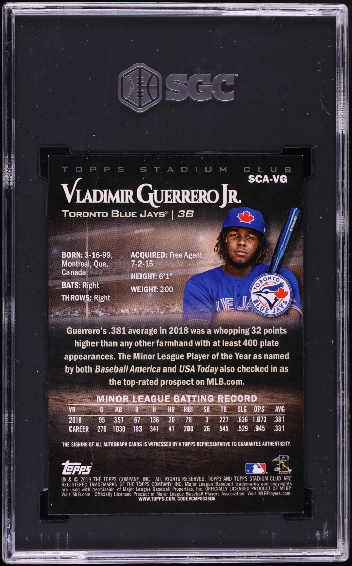 2019 Stadium Club Vladimir Guerrero Jr. ROOKIE AUTO #SCA-VG SGC 9.5 MINT+ - Photo 2