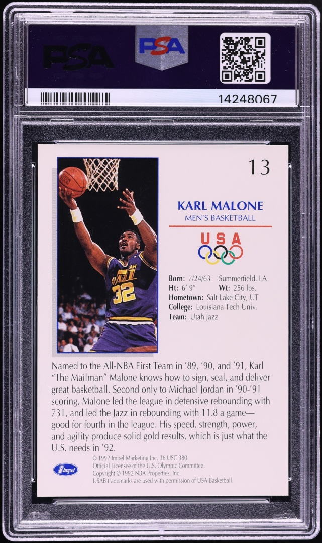 1992 Impel Olympicards Karl Malone #13 PSA 10 GEM MINT - Photo 2