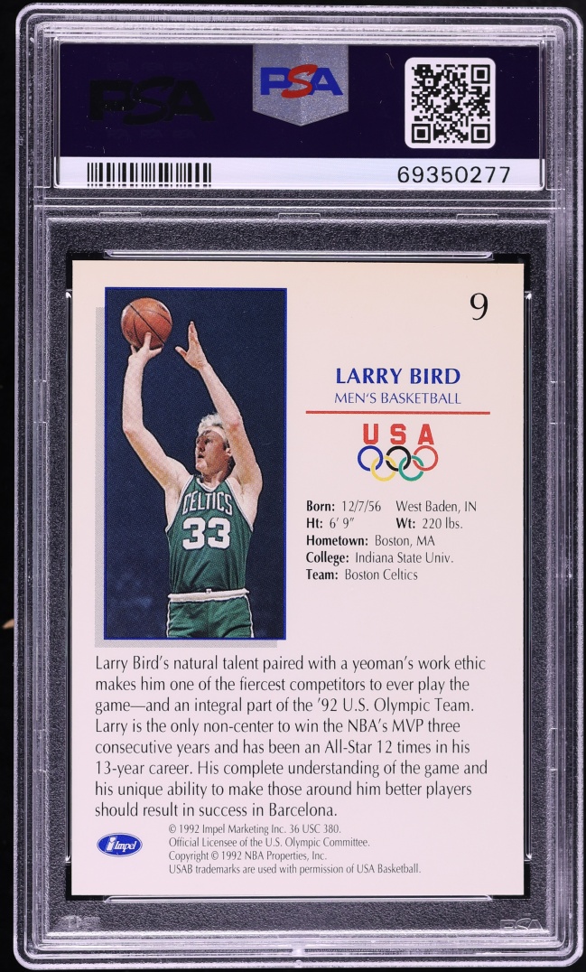 1992 Impel Olympicards Larry Bird #9 PSA 10 GEM MINT - Photo 2