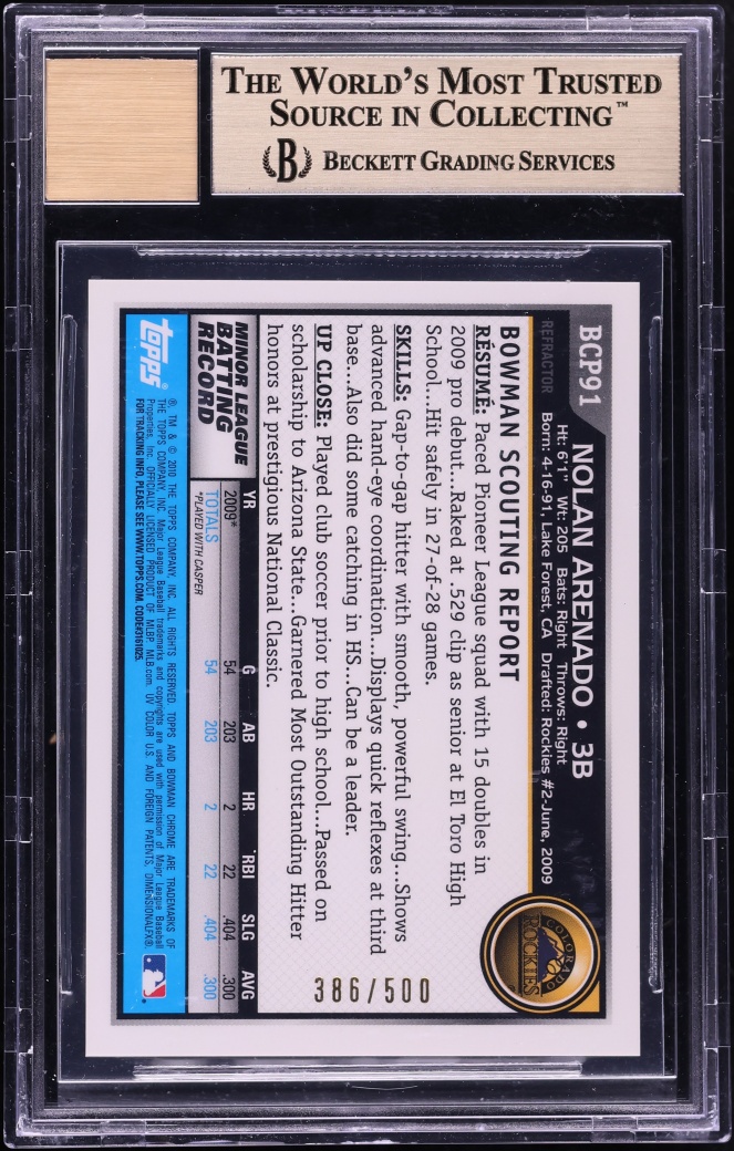 2010 Bowman Chrome Refractor Nolan Arenado PROSPECT AUTO /500 #BCP91 BGS 9.5 GEM MINT - Photo 2