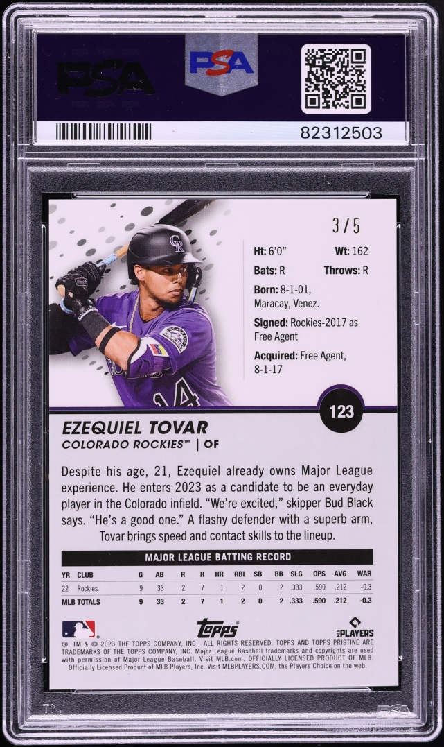 2023 Topps Pristine Red Ezequiel Tovar ROOKIE /5 #123 PSA 10 GEM MINT - Photo 2