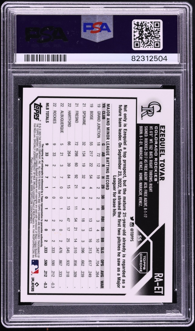 2023 Topps Chrome Purple Speckle Refractor Ezequiel Tovar ROOKIE AUTO /299 #RA-ET PSA 10 GEM - Photo 2