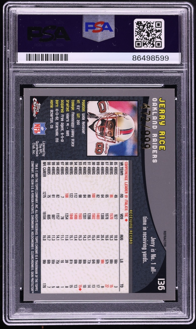 2001 Topps Chrome Refractor Jerry Rice /999 #136 PSA 9 MINT - Photo 2