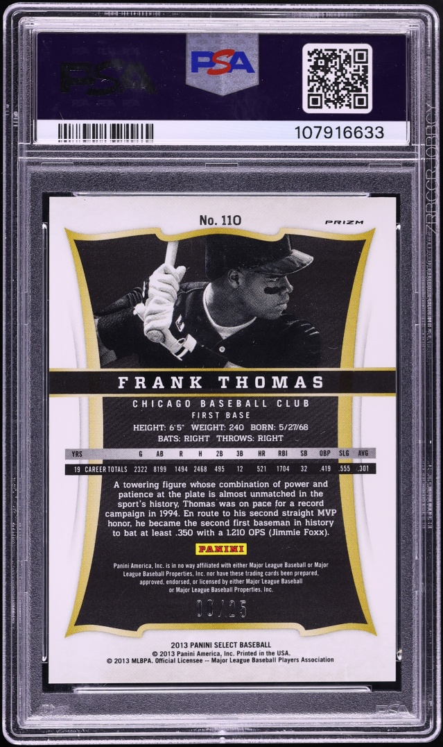 2013 Select Gold Prizm Frank Thomas /25 #110 PSA 9 MINT - Photo 2