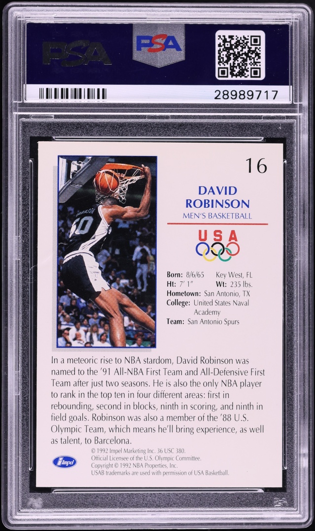 1992 Impel Olympicards David Robinson #16 PSA 10 GEM MINT - Photo 2