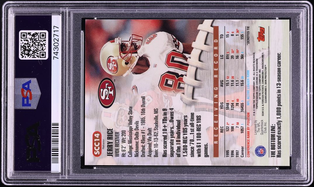 1998 Stadium Club Chrome Refractor Jerry Rice #SCC14 PSA 10 GEM MINT - Photo 2
