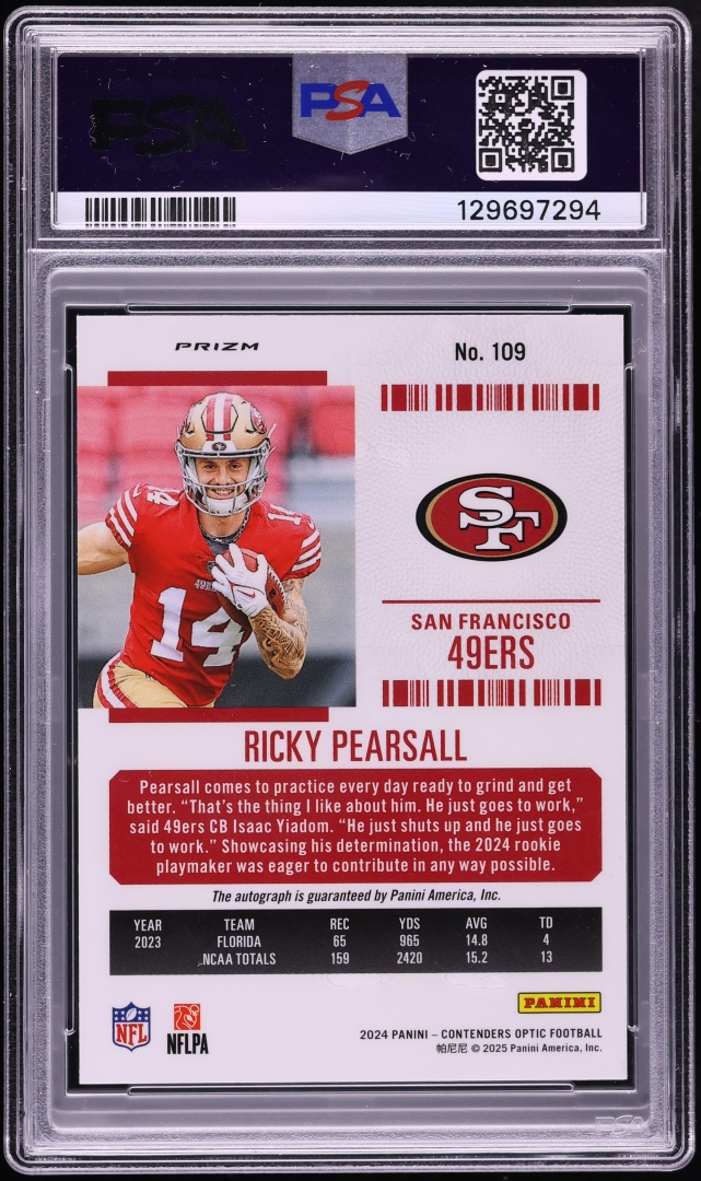 2024 Panini Contenders Optic Silver Ricky Pearsall ROOKIE AUTO #109 PSA 10 GEM MINT - Photo 2