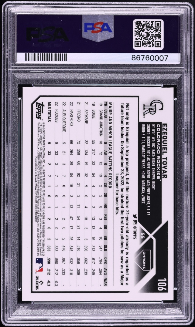 2023 Topps Chrome Logofractor Purple Refractor Ezequiel Tovar ROOKIE /250 #106 PSA 10 GEM MINT - Photo 2