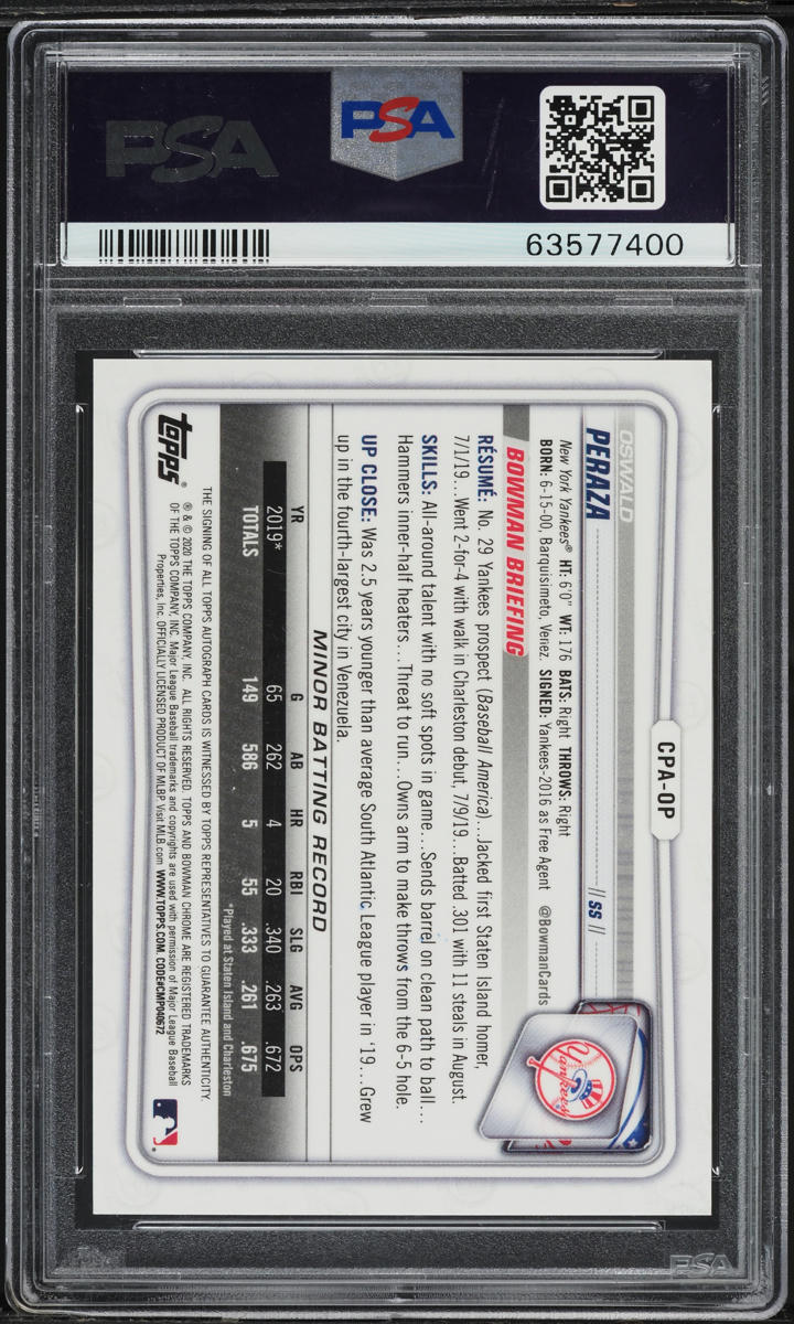 2020 Bowman Chrome Gold Refractor Oswald Peraza PROSPECT AUTO /50 #CPA-OP PSA 10 GEM MINT