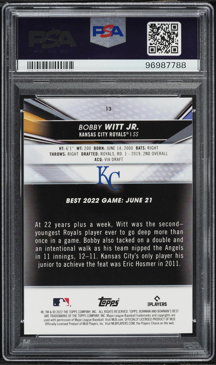 2022 Bowman's Best Atomic Refractor Bobby Witt Jr. ROOKIE #13 PSA 10 GEM MINT