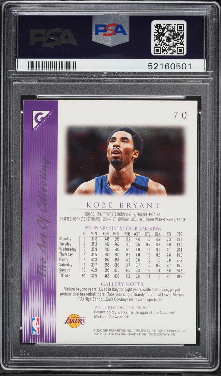 1999 Topps Gallery Kobe Bryant #70 PSA 9 MINT - Photo 2