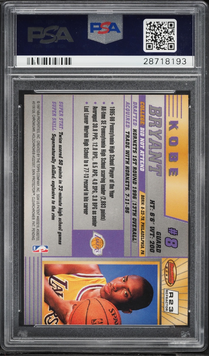 1996 Bowman's Best Refractor Kobe Bryant ROOKIE #R23 PSA 8 NM-MT - Photo 2