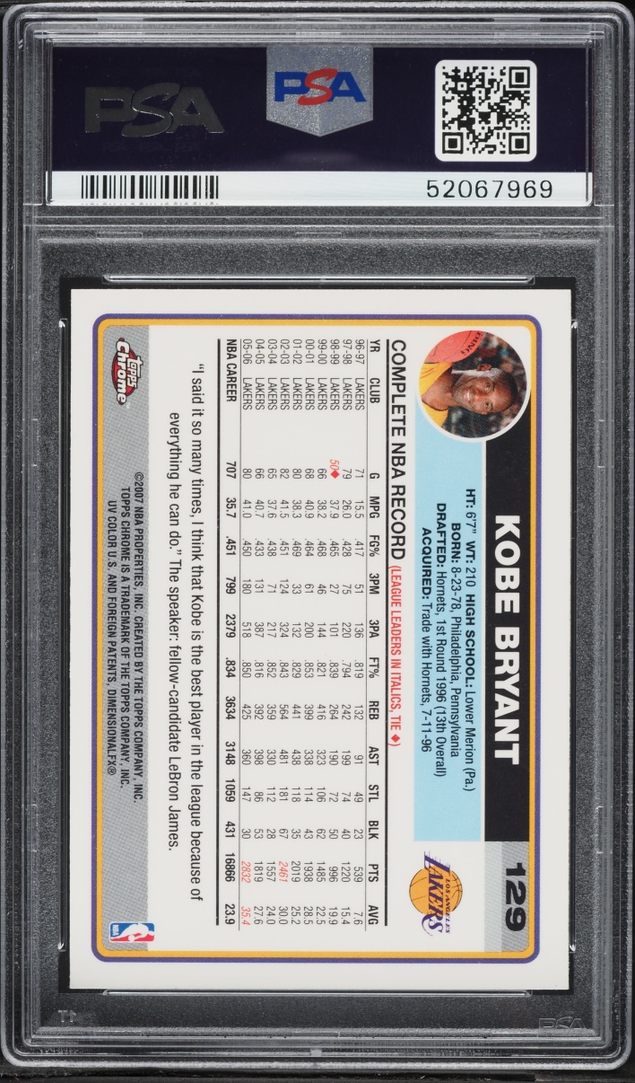 2006 Topps Chrome Kobe Bryant #129 PSA 9 MINT - Photo 2
