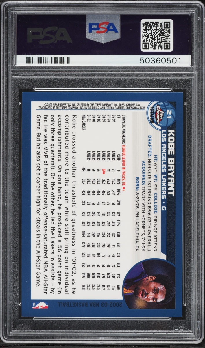 2002 Topps Chrome Refractor Kobe Bryant #21 PSA 9 MINT - Photo 2